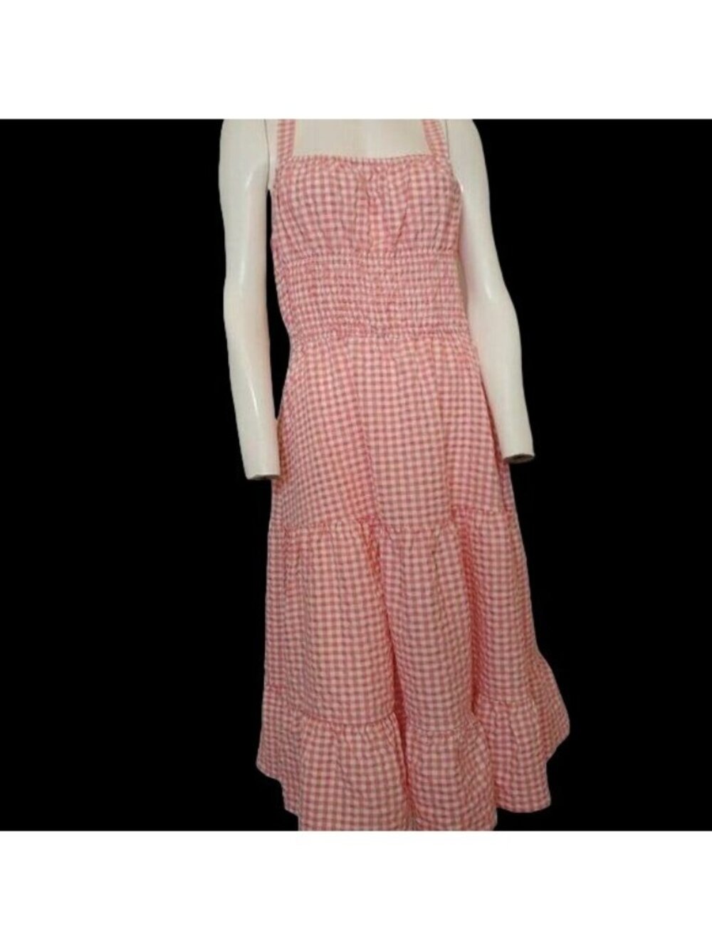 BCBG Generation Large Seersucker Smocked Tiered Plaid Pink/White Midi Dress NWT